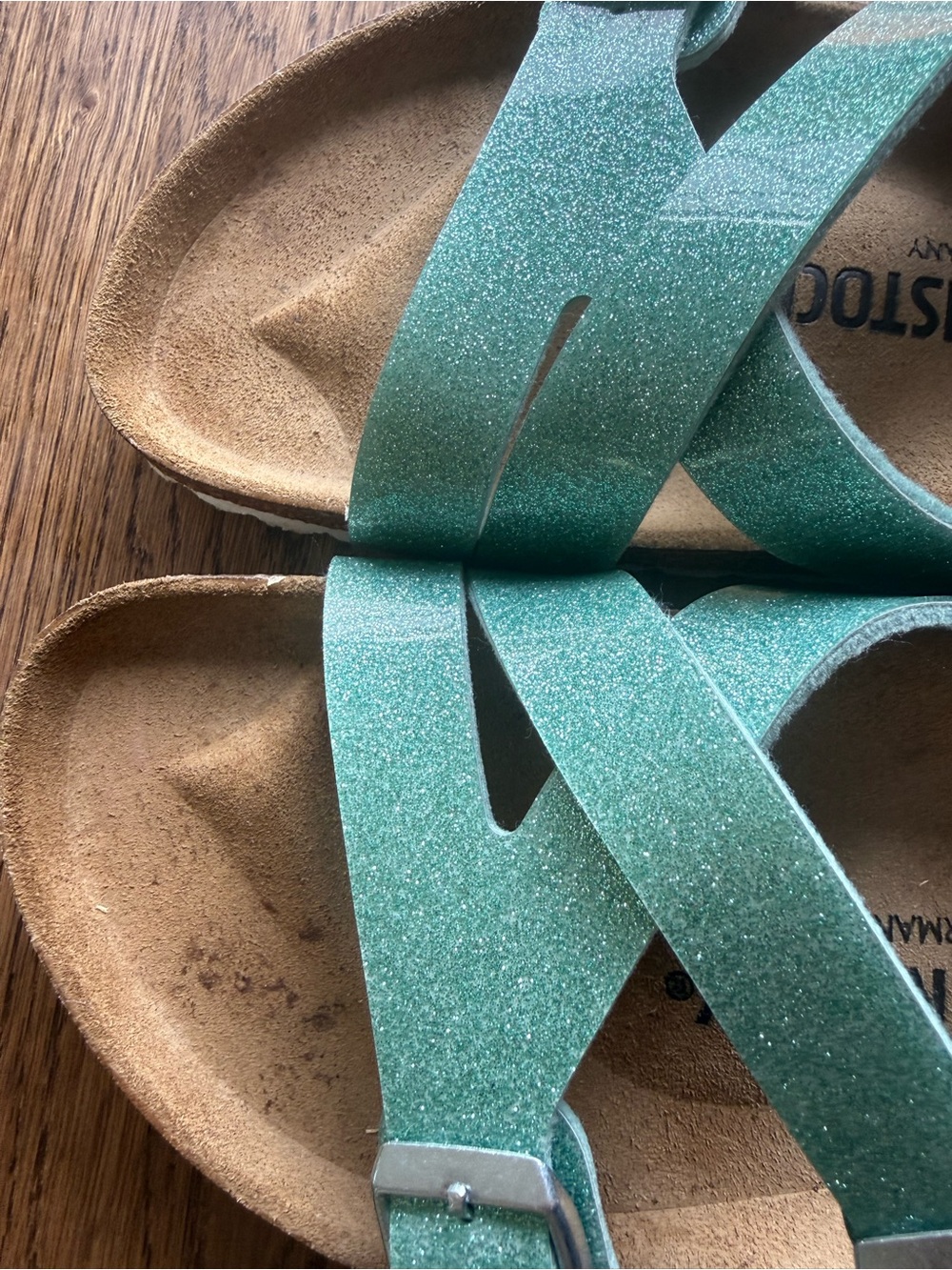 Birkenstock aqua blue/ green glitter cross -strap sandal - Picture 2 of 4